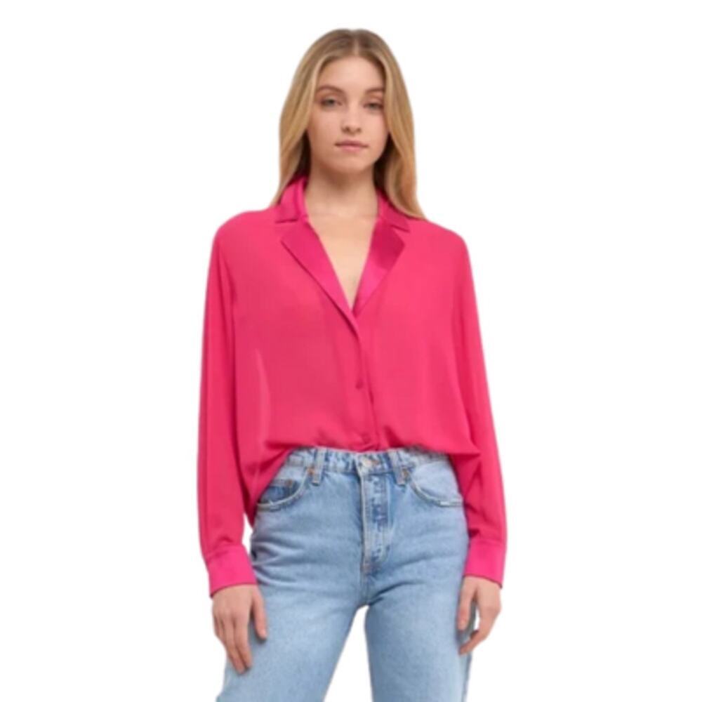 Endless Rose Satin Chiffon Button Down Shirt Sheer Hot Pink Size Medium NEW